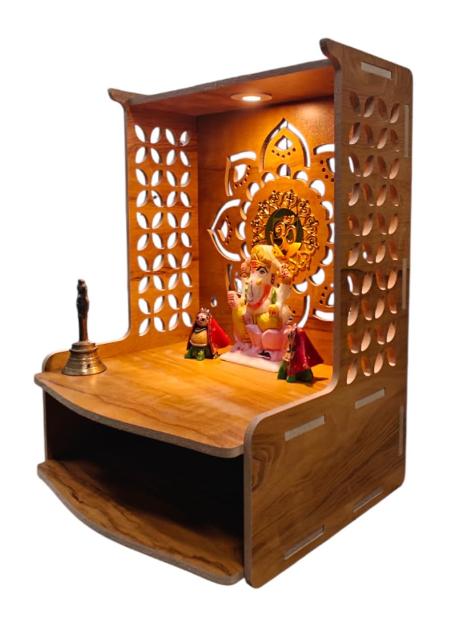 PIXELCRAFTS Wooden Temple Puja Mandir Art and Crafts Temple for Home, Shop, Office with LED SPOT Light (Size – H 15.5X L 11.5 x W 11 inch) (COACHWOODFLOWER)