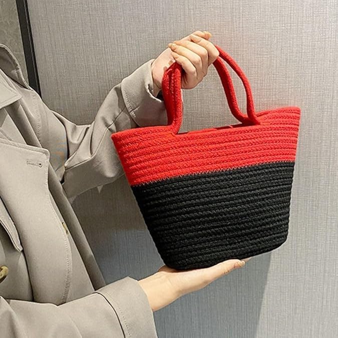 BEAUTIFUL HOMMIES Attractive Hand Bag |large Tote Bag |Summer Bag | Bucket Bag | Basket Bag | Bamboo Tote | Beach Bags for Women|Boho Bag|Handbag |Jute Bag |Handmade Bag (RED BLACK STYLISH)