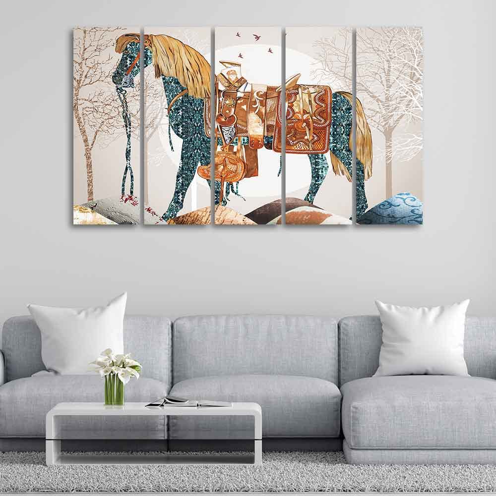 VIBECRAFTS Wall Painting of Patterned Horse of Five Pieces For Home|Office|Living Room|Gift (PTVC5Pcs4_8745)