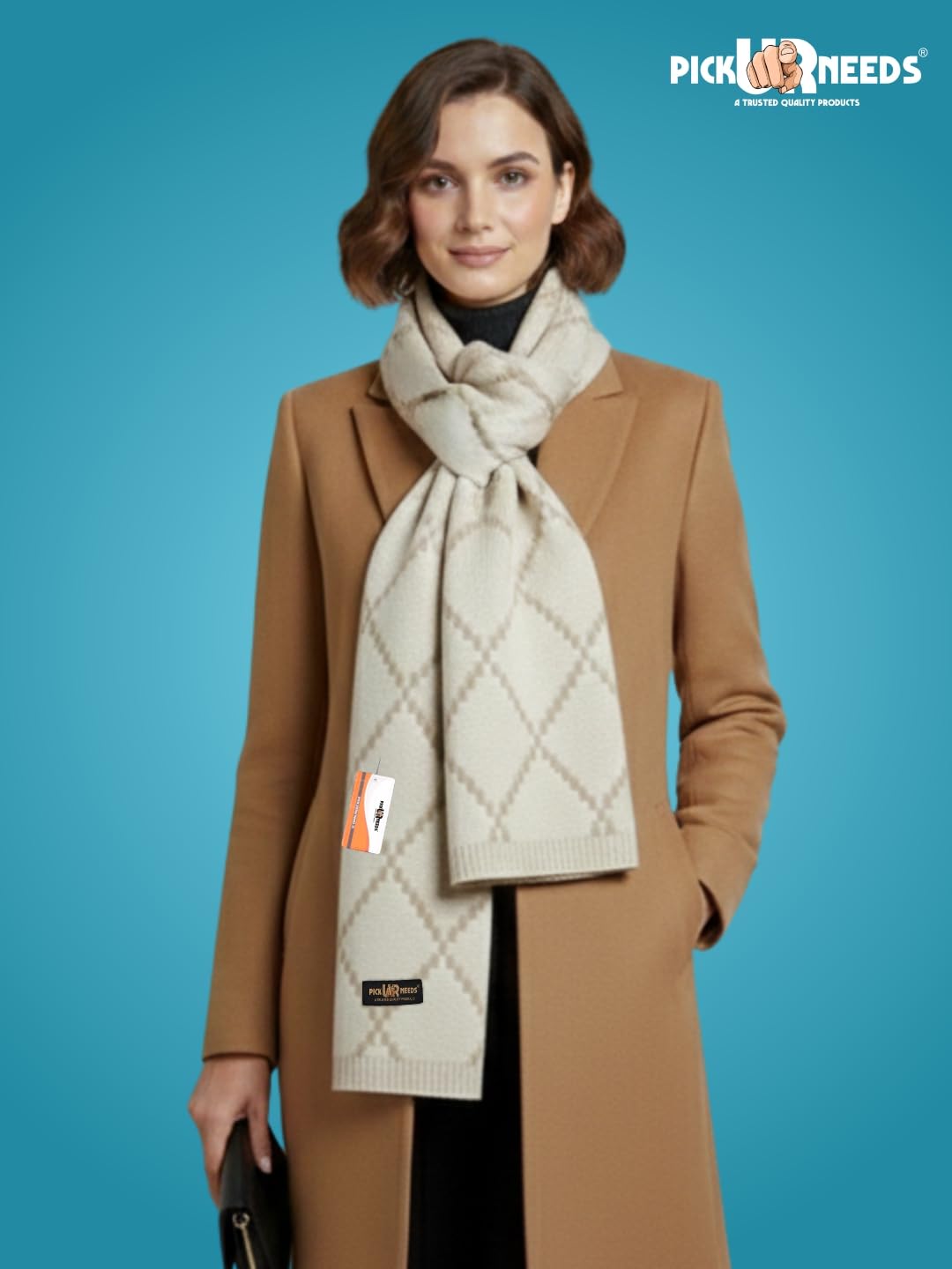 Pick Ur Needs Premium Winter Woolen Scarf for Women Designer Checkered Warm Muffler Soft, Stylish & Cozy Cold Weather Wrap (Cream)