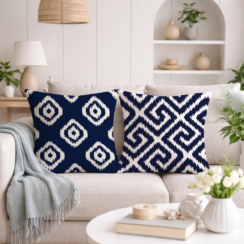STITCHNEST Set of 2 Polycotton Cushion Covers – 24x24 Inches – Blue & White Ikat Geometric Print – Elegant Cushion Covers for Sofa & Living Room | Perfect for Home Decor