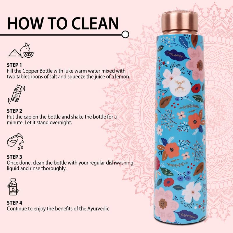 MERCAPE Pure Copper Water Bottle 900 ml | Floral Printed Designer Finish | Leak-Resistant Screw Cap | Jointless Construction | Reusable Water Bottle for Home, Office, Gym & Travel