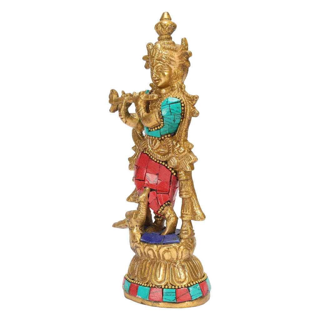 ARTVARKO Brass Krishna Idol Murti Murli Manohar Kamha Statue with Peacock Religious Gift Item Home Décor Multicolor Height 7 Inch
