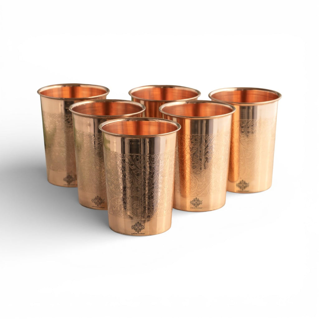 INDIAN ART VILLA Pure Copper Embossed Design Glass - 275 ML, Copper Tumbler for Water Drinking, Elegant Drinkware & Serveware, Perfect for Gifting, Home, and Festive Décor, Set of 6