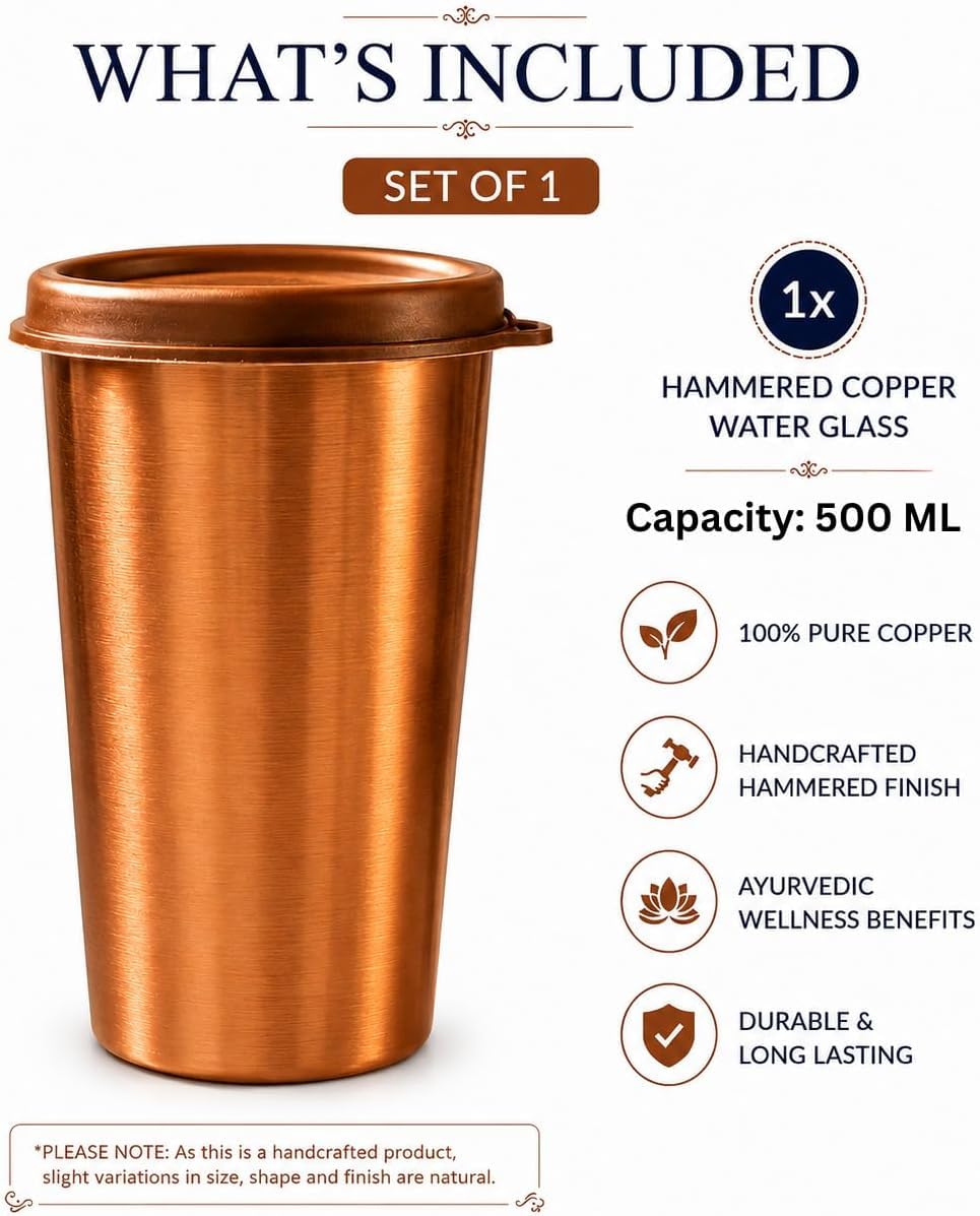 Pure Copper Tumbler with Lid, 500ml Copper Water Cup, 100% Pure Copper Drinking Glass, BPA-Free Leak-Proof Copper Mug for Office, Travel & Home, Ayurvedic Water Vessel, Reusable Eco-Friendly Drinkware