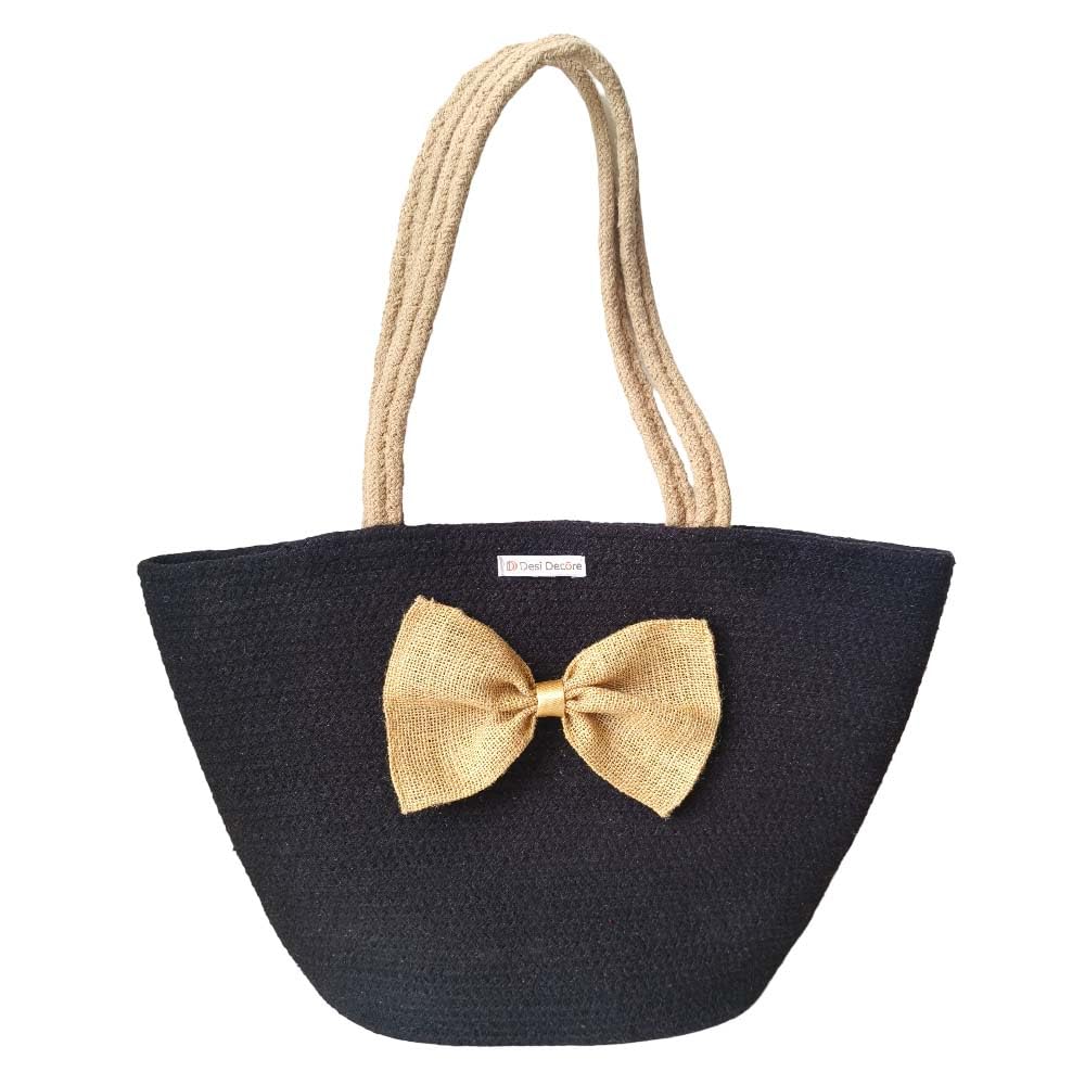 Desi Decore™ Handmade Jute Handbag For Women, Cotton Bag | Large Tote Bag | Shoulder and Bucket Bag | Beach Bag for Women | Boho (Bow)