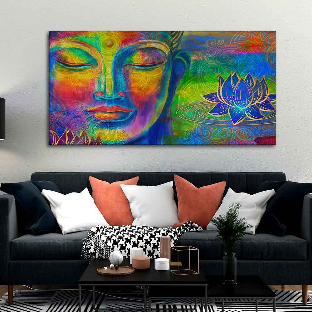 VIBECRAFTS Canvas Paintings for Living Room Drawing Room Colorful Head Of Buddha Canvas Wall Painting Fitted With Wooden Frame For Home | Office | Living Room | Gifts (PTVCH_2563)