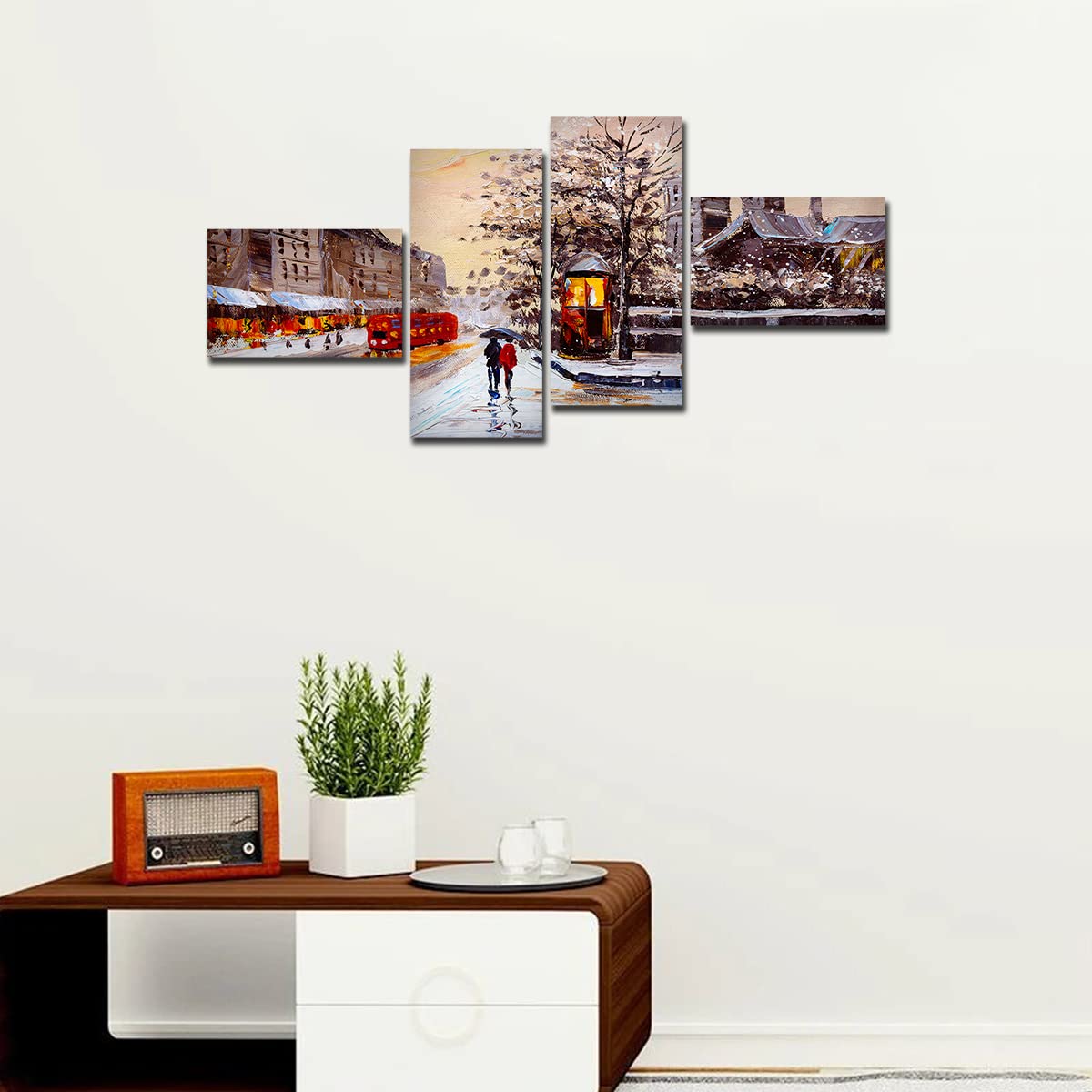 VIBECRAFTS Street View Of London 4 Pieces Canvas Wall Painting Fitted With Wooden Frame For Home | Office | Living Room | Gifts (PTVC4Pcs3_15505)