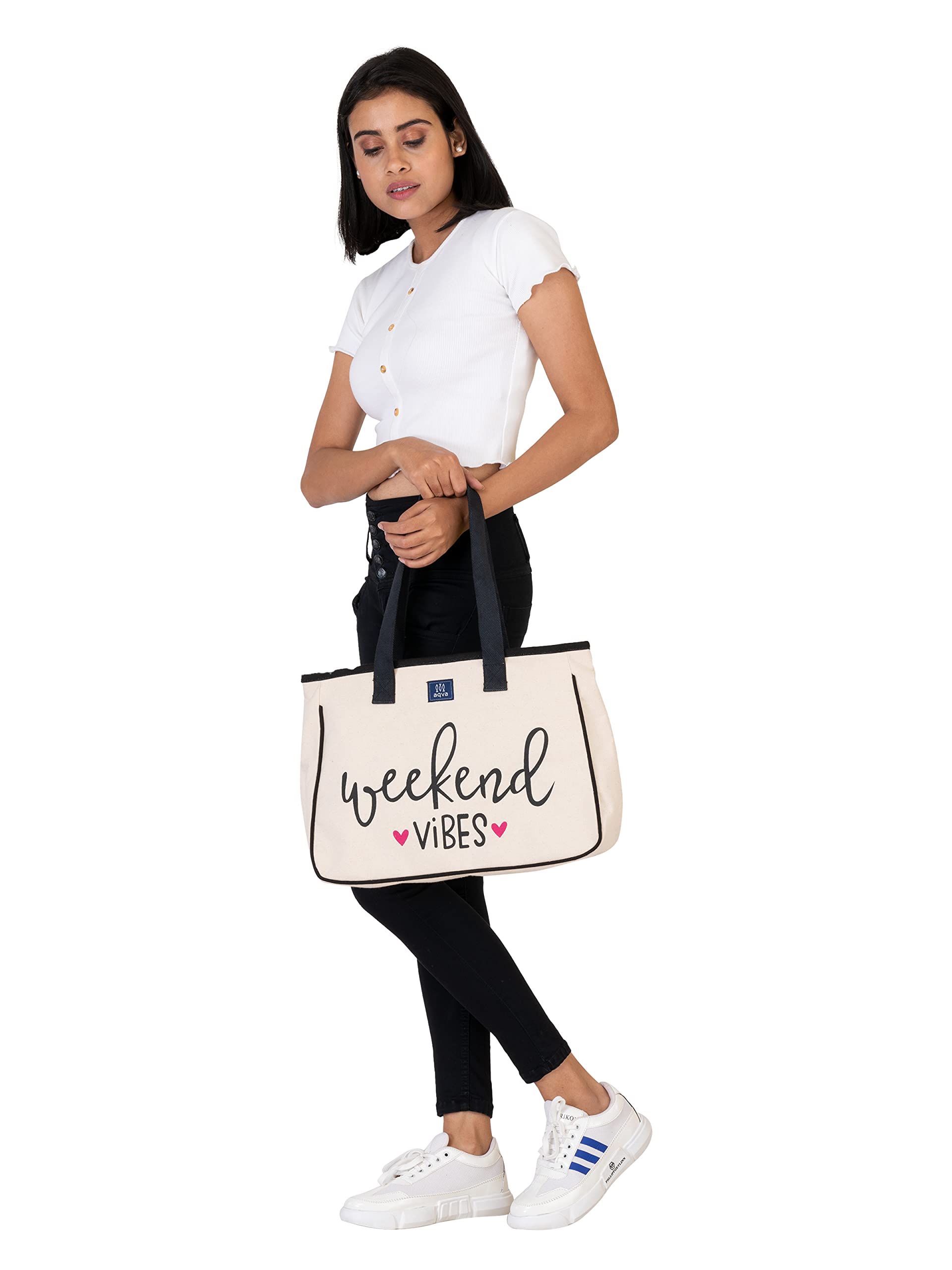 AQVA Cotton Tote Bag for Women & College Girls | Black and white Handbag with Weekend Vibes print | Trendy Western Style Handbag for Women with Zip | Canvas Bag for Shopping, Travel and Office.(Vibes)