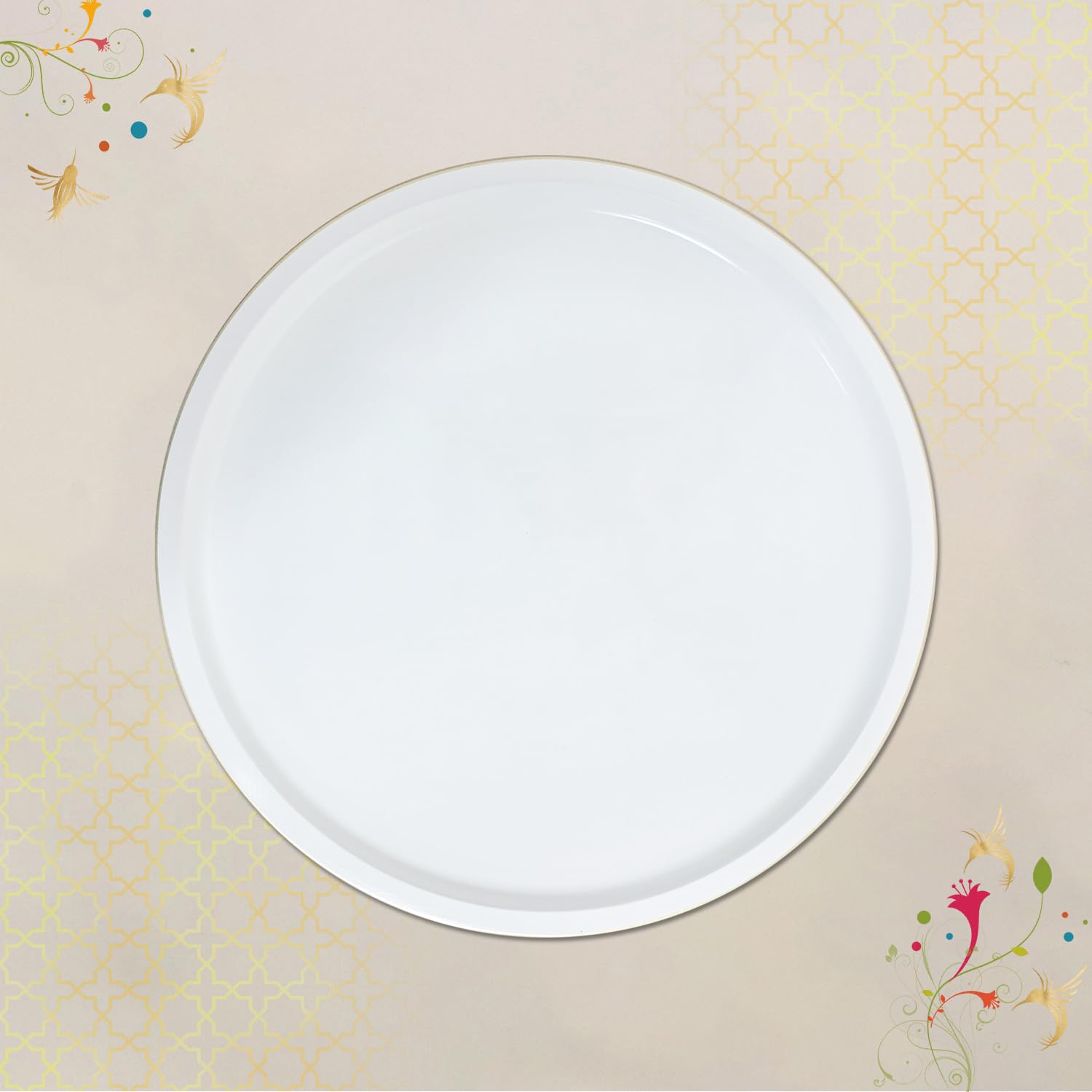 CRAFTSLANE Handcrafted Round Decorative Tray 11 x 11 inch High Gloss with Gold Trim | Wooden Serving & Counter Tray for Keys & Home Decor (Egg Shell)