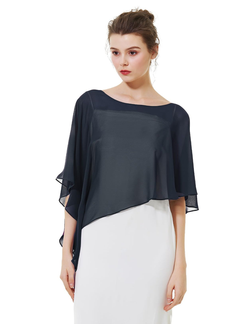 BEAUTELICATE Asymmetrical Capelets Chiffon Capes Wedding Bridal Shawls Wraps For Women Evening Dress, Navy Blue, One Size