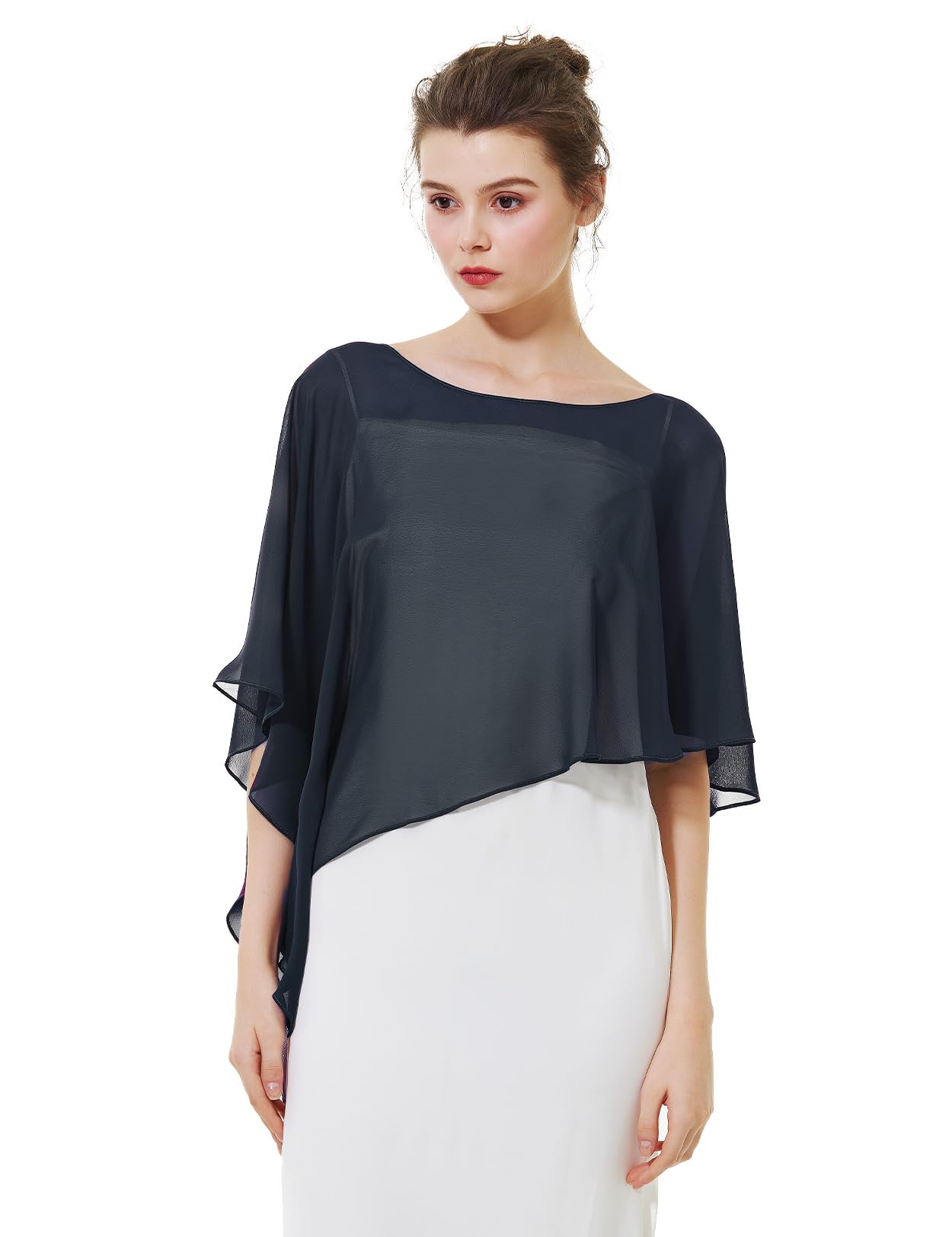 BEAUTELICATE Asymmetrical Capelets Chiffon Capes Wedding Bridal Shawls Wraps For Women Evening Dress, Navy Blue, One Size