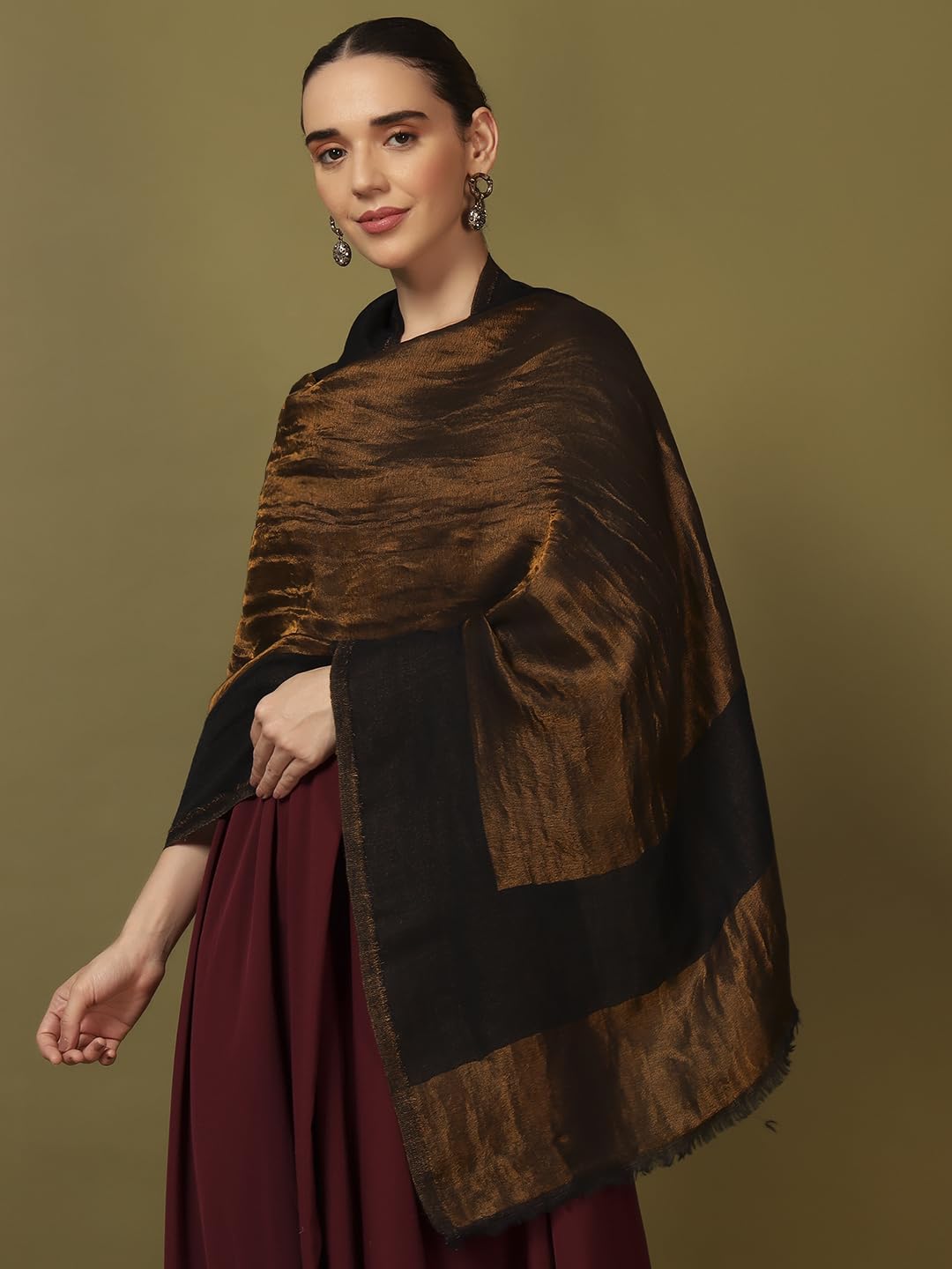 Pashmoda Women Midnight Bronze Reversible Zari Moonlight Fine Wool Stole (Size : 28x80in, 71X203cm) ZSST04
