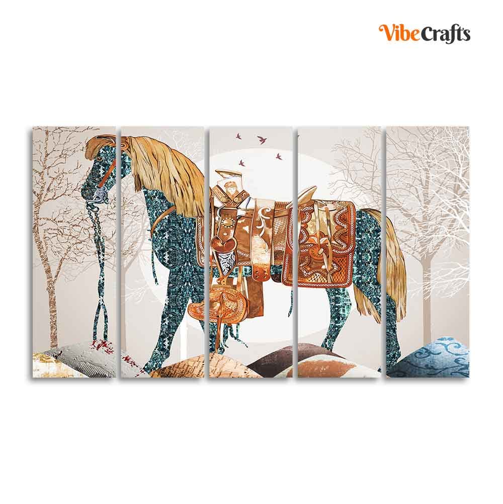VIBECRAFTS Wall Painting of Patterned Horse of Five Pieces For Home|Office|Living Room|Gift (PTVC5Pcs4_8745)