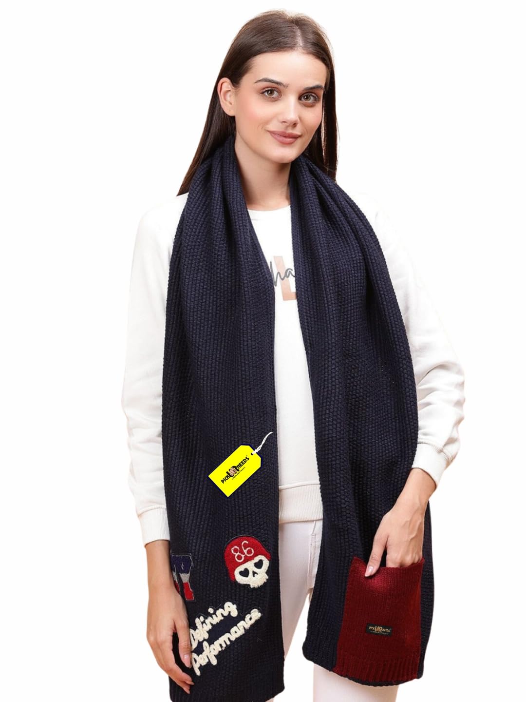 Pick Ur Needs Women Winter Woolen Muffler with Trendy Patch Design Soft Warm Knitted Scarf for Girls & Ladies Stylish Casual Mufflers (Navy Blue)