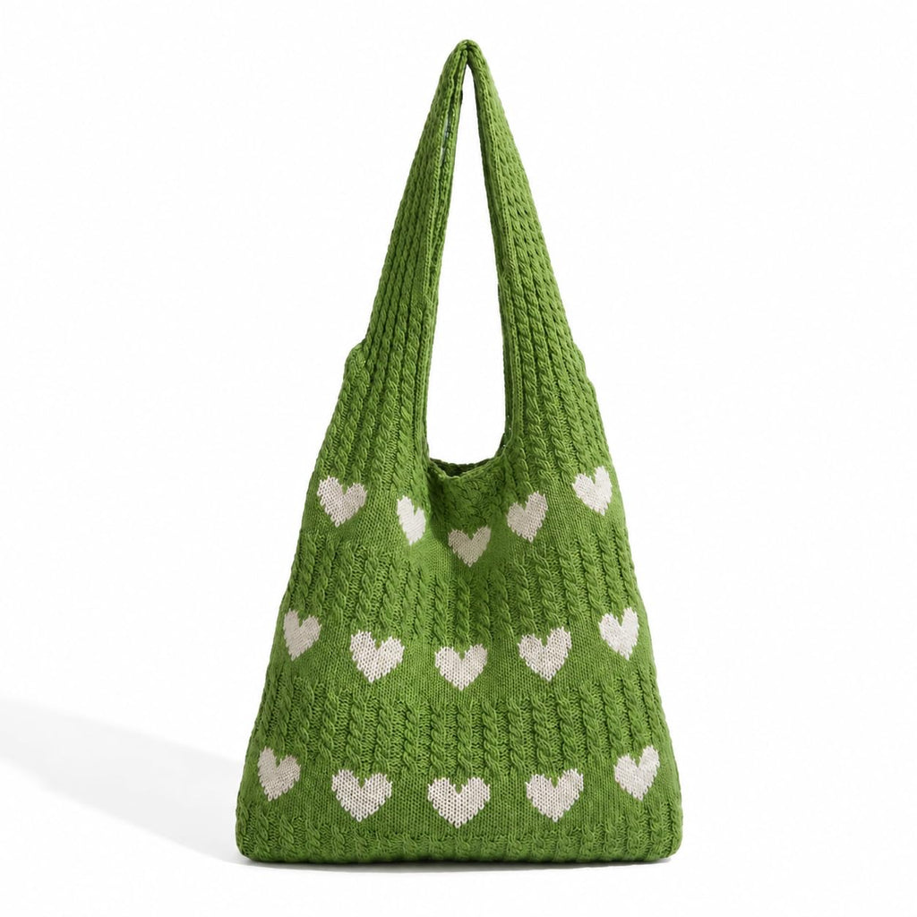 Kawn® Premium Knitted Heart Pattern Tote Bag Large Stylish and Durable Trendy bag for Everyday Use Beach Shopping Travel Work – Comfortable and Trendy Design (Green)