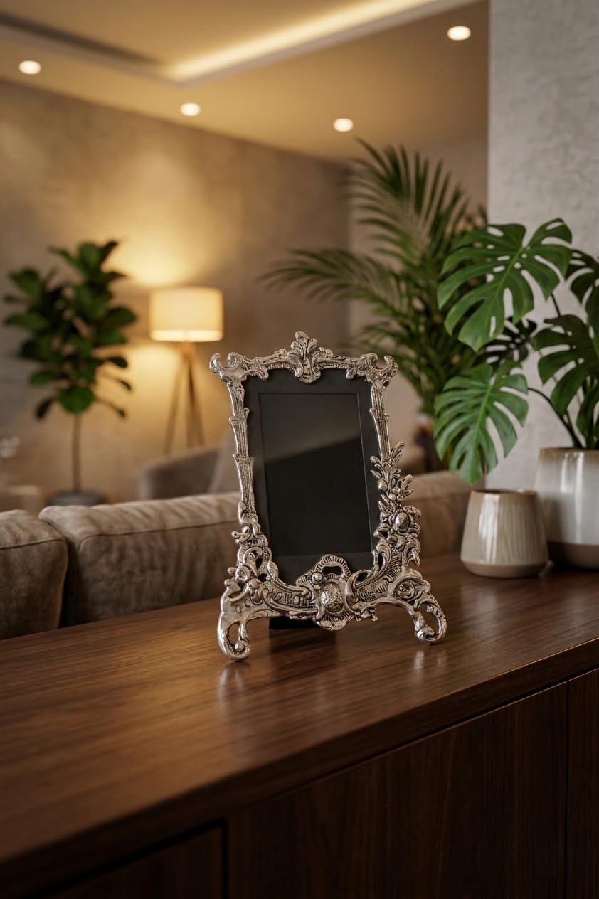 KridayKraft Royal Metallic Photo Frame, Silver Plated Antique Design, Ornate Tabletop Picture Holder for Living Room, Bedroom, and Office Decor (22 x 15.5 cm)