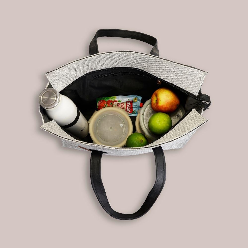 FOHOGO Jute Bag for Unisex | Lunch Bag/Tiffin Bag/Carry Bag/Jute Bag | Tote Bag for office (Light grey, Large (12”x16”x7”))