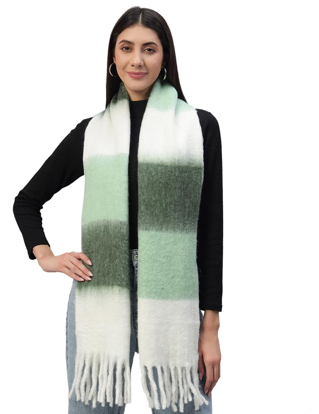 Ravaiyaa - Attitude is everything Reversible Wool Scarves Striped Pattern Women Neck Wraps Muffler Winter Wool Scarf 72 x14 Inch (Green & White)