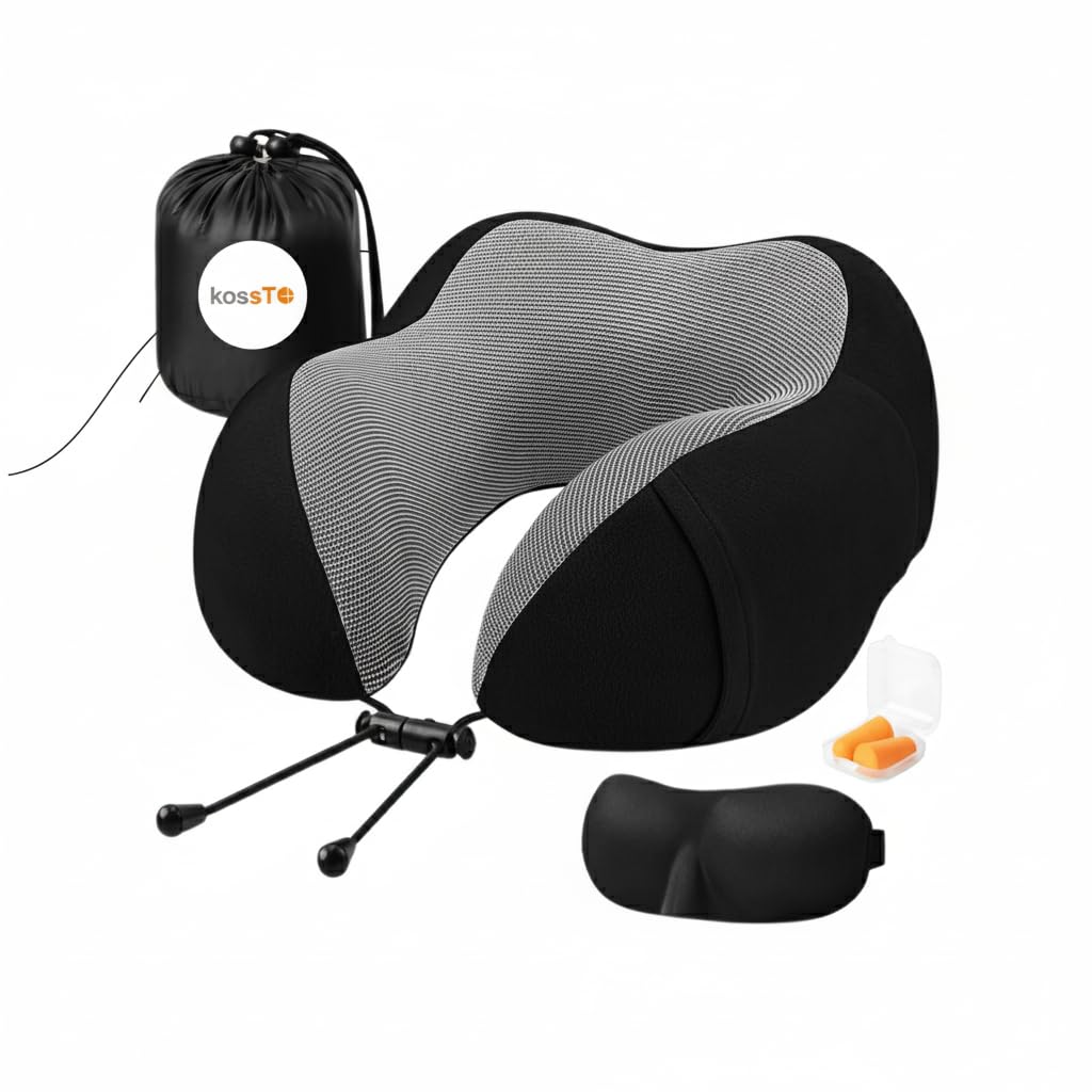 Billebon Premium Neck Pillow Ultra Soft with Hoodie, for Airplane (Grey Hoodie Neck Pillow with Eye Mask)