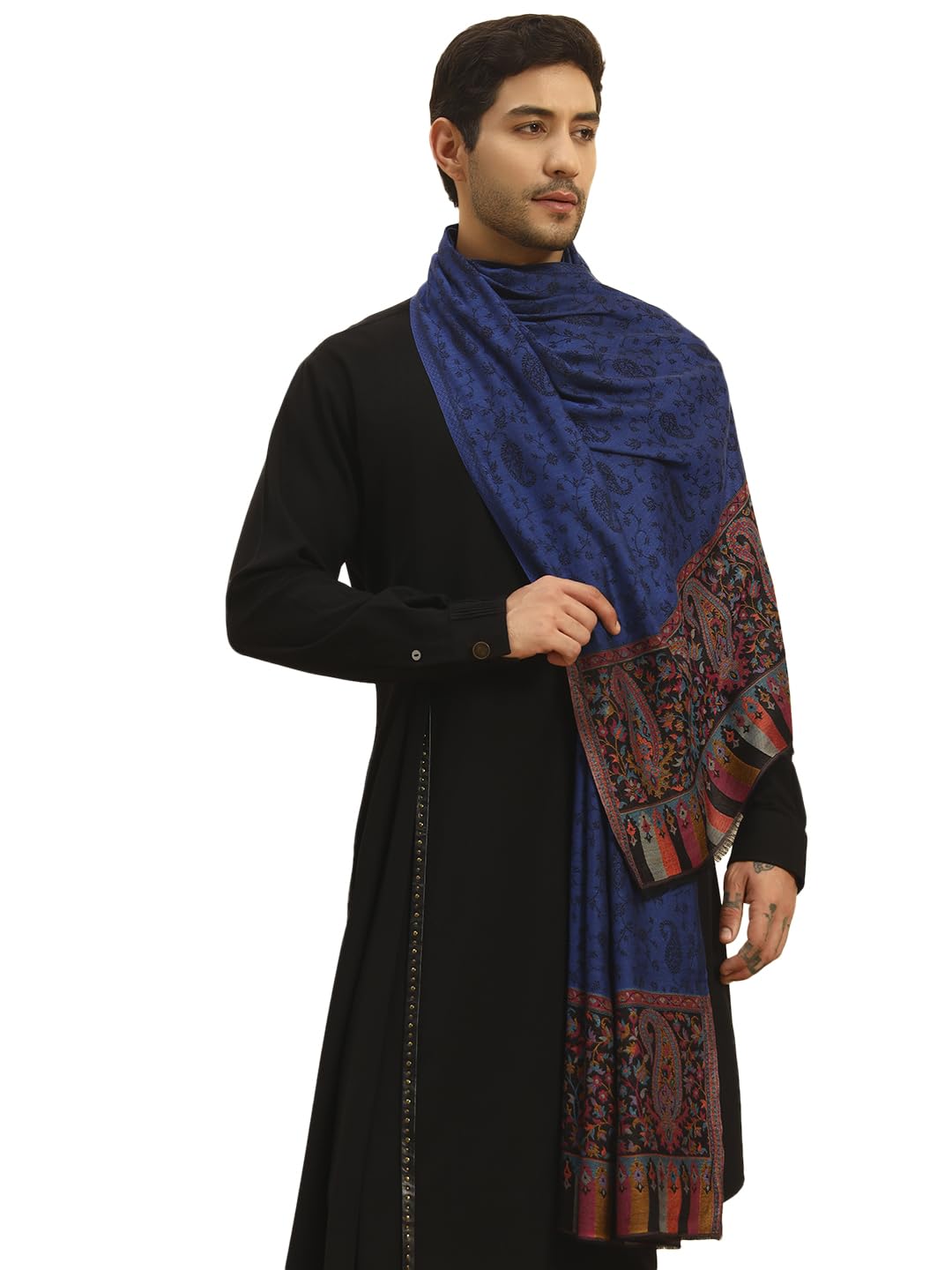 Pashmoda Men Gulpari Kaani Stole, Authentic Kashmiri Luxury Pashmina Style Shawl, Stole, Small Size Gents Lohi, (Size 28x80 Inches,Navyblue Color) MAVST06
