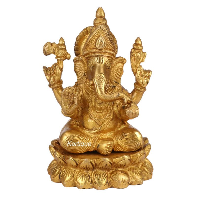 Svarup Brass Ganesha Sitting On Lotus Idol in Gold Color Height 6 Inch Weight 1.5 Kg