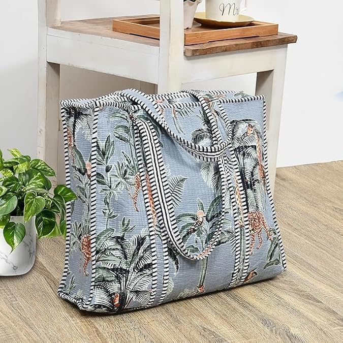 Cotton Quilted Tote Bag for Women, Jungle Print Handbag, Reusable Shoulder Bag with Dual Handles, Lightweight Travel Shopping Tote, Large Capacity Everyday Carry Bag - (Grey flower bag, 15×15 In)