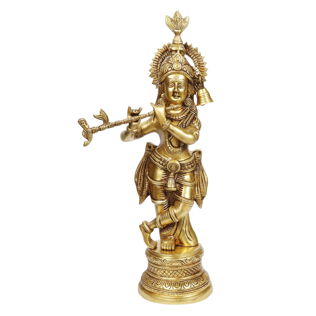 ARTSARA Pure Brass Krishna Idol Big Size Playing Flute for Pooja, Mandir, Sculpture Gift & Home Decor Height 17 Inch