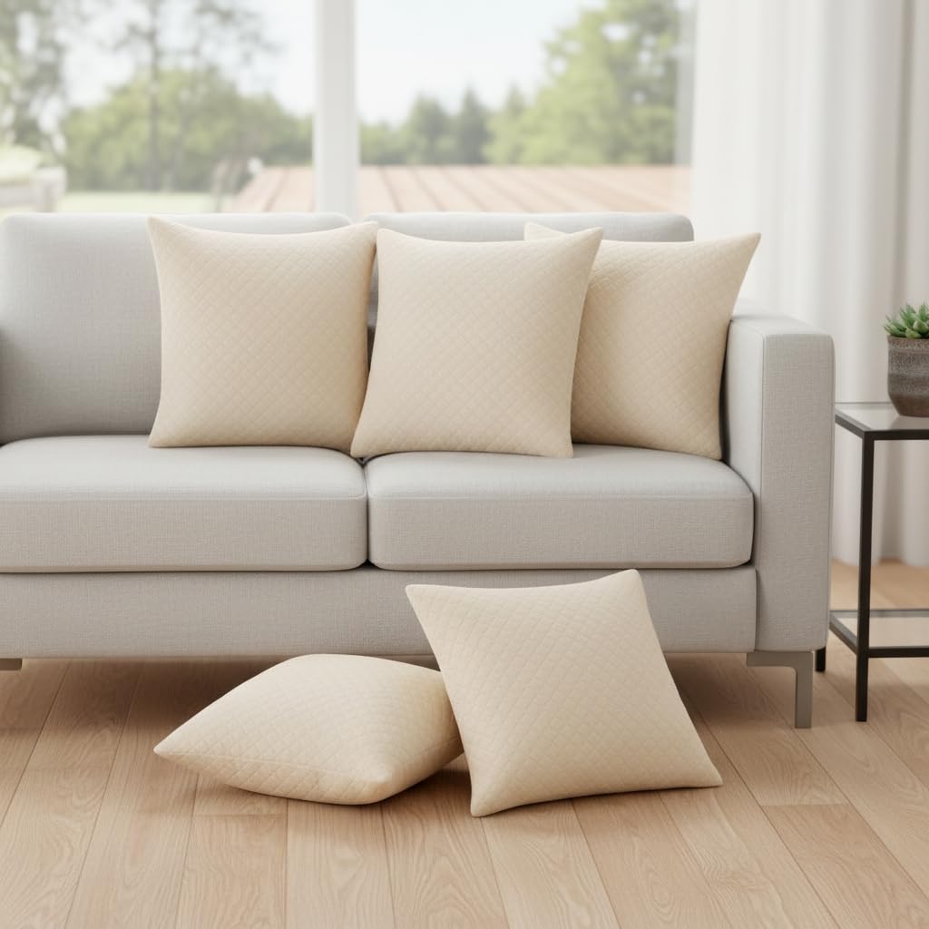 STITCHNEST Quilted Velvet Cushion Covers Set of 5 | Soft Beige | 18x18 Inches | Premium Sofa & Living Room Décor
