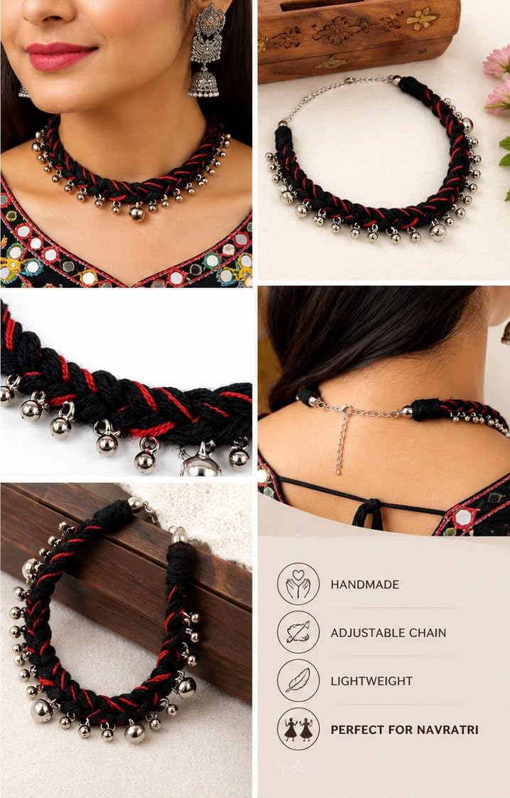 Handmade Navratri Thread Choker Necklace with Ghungroo | Black & Red Braided Boho Choker | Traditional Garba & Dandiya Jewellery for Women & Girls | Adjustable Ethnic Festival Necklace (Black and green)