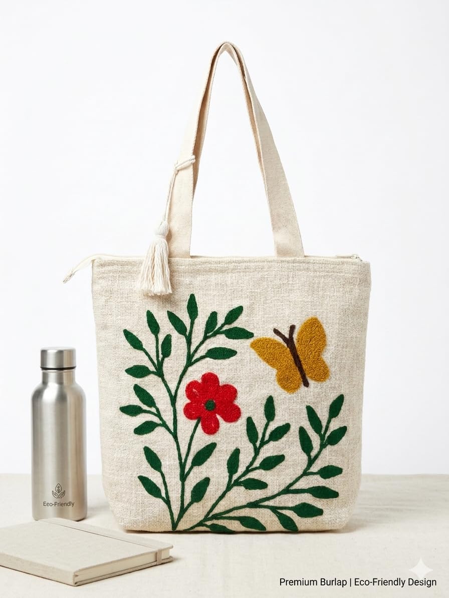 Wisdom Decor Hand-Embroidered Cotton Slub Tote Bag for Women | Premium Shoulder Bag with Zipper Closure & Tassel Accent | Eco-Friendly Shopping, Travel & College Handbag (Butterfly Flower)