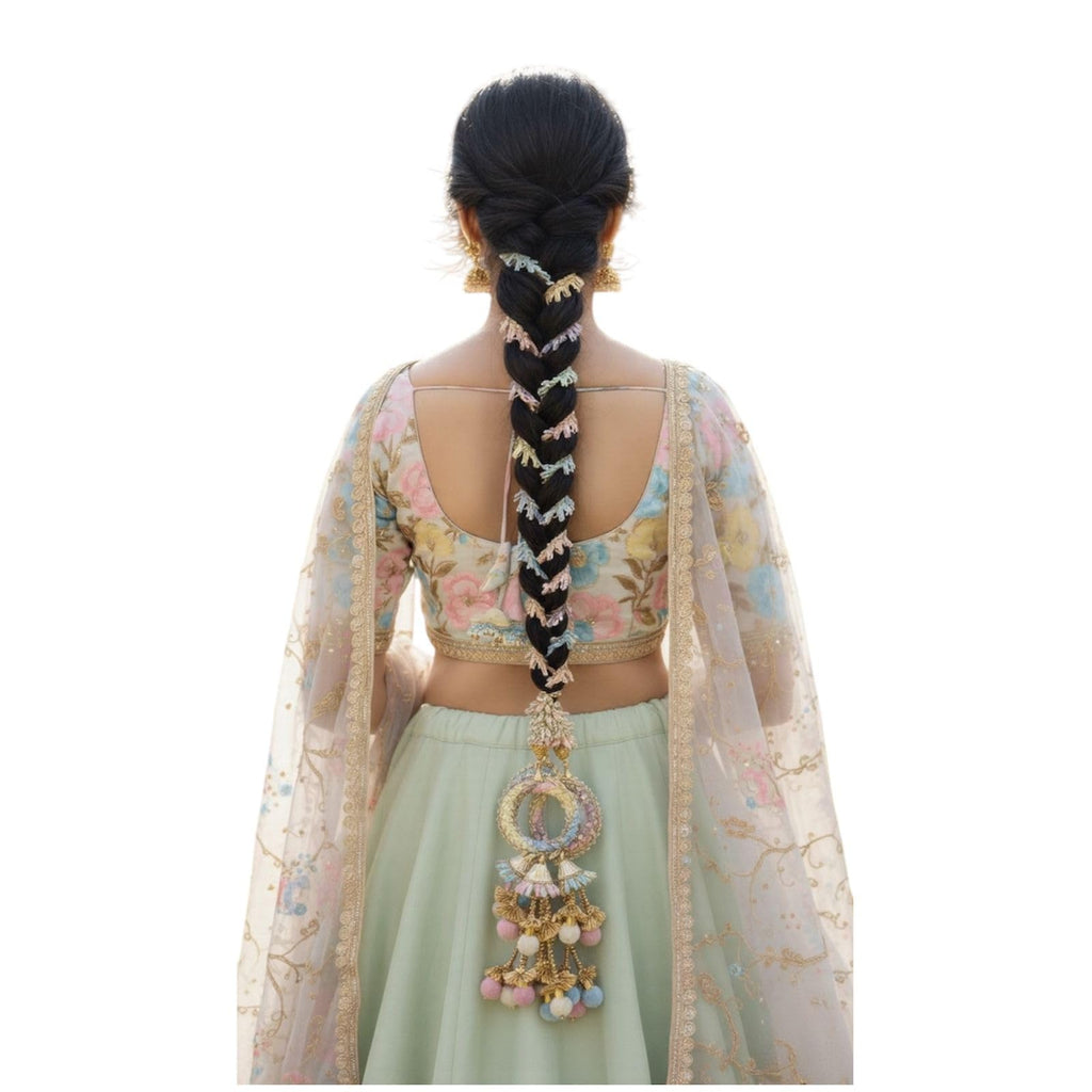 Punjabi Handmade Pastel Multi color with beautiful pom pom tassels Parandi/Paranda | Braided Hair Accessory for Women | (One Piece)