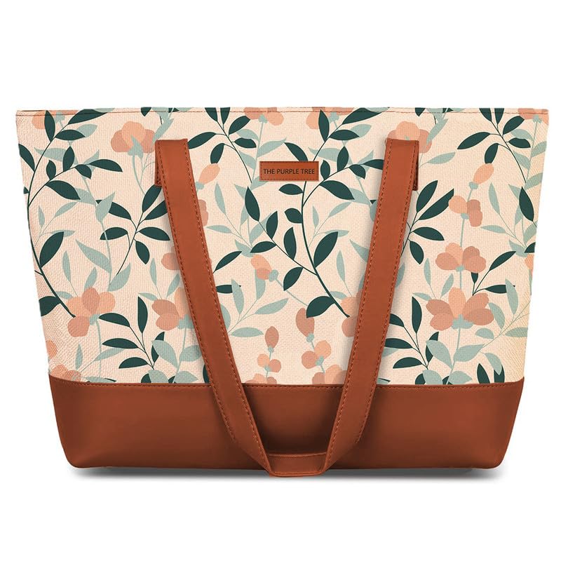 The Purple Tree Women Handcrafted Tote with Vegan Leather Handles & Indian Prints, Leafy Print Shoulder Bag for Office and College, Oversized Contemporary, White