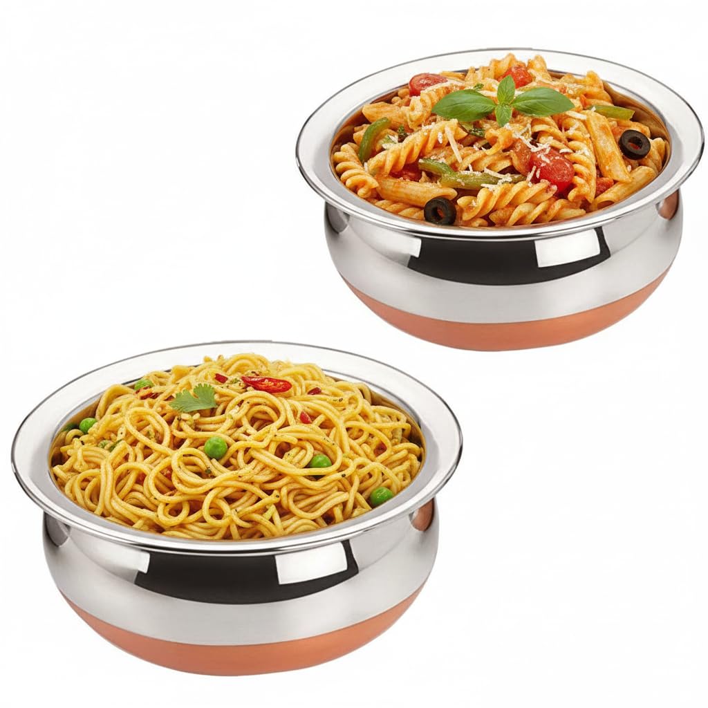 PUHBRHY 2pcs Stainless Steel Copper Bottom Kitchen Serving,Traditional Indian Cook,Biryani Handi for Restaurant Cookware Set Ideal for Dal & Gravy & Dining Serveware (2 pcs)
