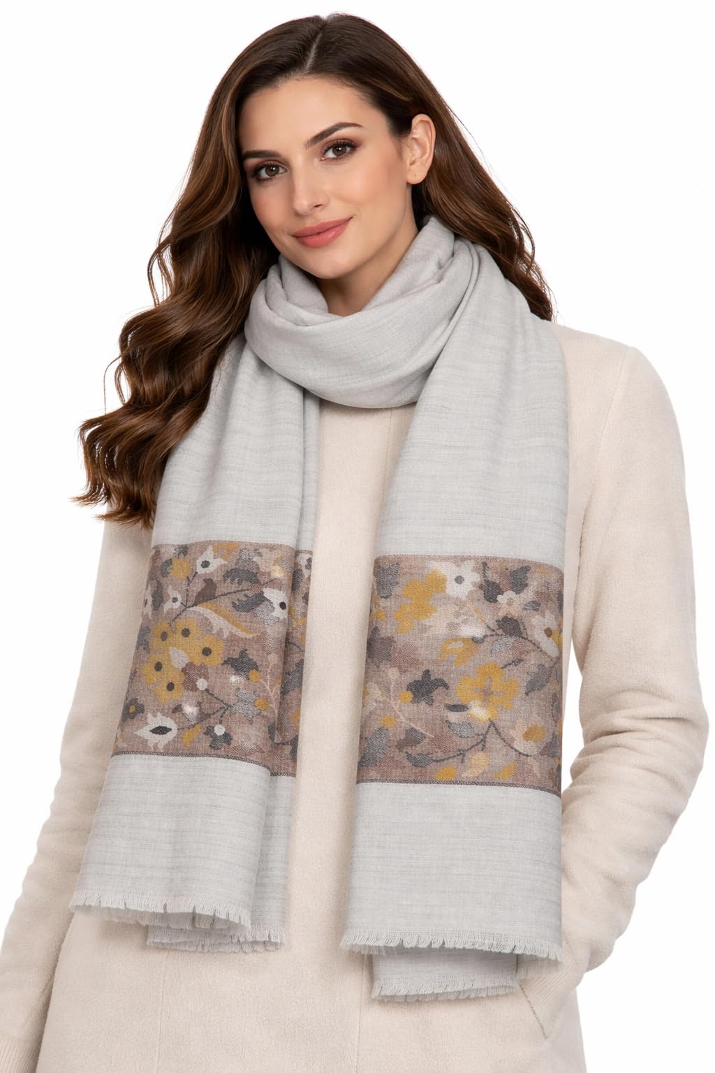 VIC Cashmere Fine Wool Shawl Stole for Women - Cream | Elegant Woven Floral Border | Soft Warm Premium Wrap | 70 x 200 cm | VIC-CFW-KB-08
