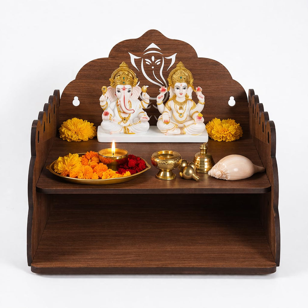 Bindian Wooden Pooja Mandir for Home Wall Mounted | Wooden Table Top God Temple | Pooja Stand for Home | Puja Mandir | Puja Unit for House | Temple for Office (Temple 3)