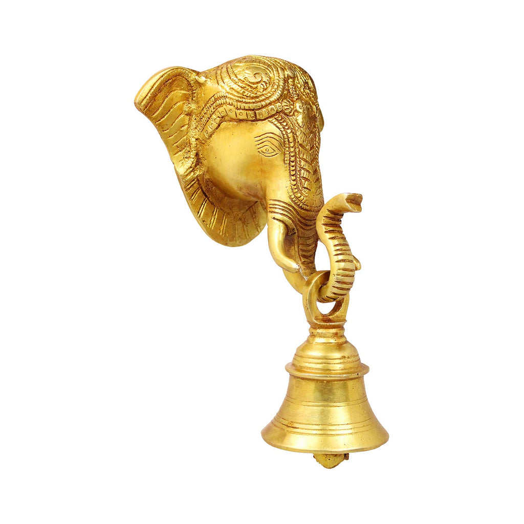 Artvarko Brass Ganesha Elephant Face Wall Hanging Ganesh Bell On Trunk & Bell for Home Decor Showpiece