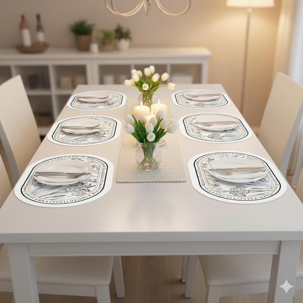 Upaado Faux Leather Placemats Set of 6 ? Waterproof & Heat Resistant Floral Print Dining Table Mats ? Black & White Kafalo