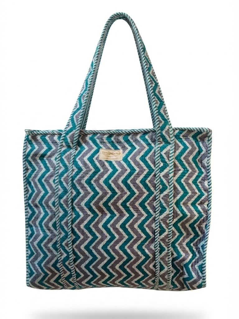 LOOMARTE Quilted Cotton Printed Tote Bag for Women & Girls (Teal)