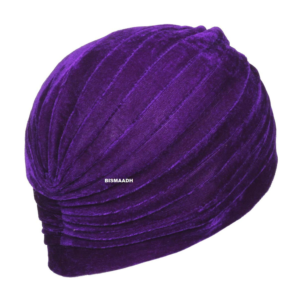 BISMAADH Velvet Soft Pleated Pre Tied Knot Readymade Turban/Pagri Head Wraps for Men & Women Purple