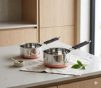 GlamourShop Stainless Steel Copper Base Stainless Steel Sauce Pan Set of 3 Sauce Pan Milk Pan Tapeli Patila Induction Base 2 Litre,1.5 Litre, 1 Litre Milk Boiler Cookware with Handle (3 Set Pan Set)