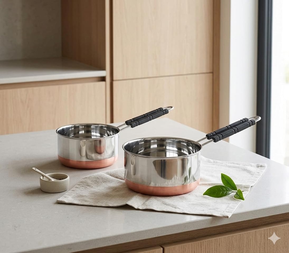 GlamourShop Stainless Steel Copper Base Stainless Steel Sauce Pan Set of 3 Sauce Pan Milk Pan Tapeli Patila Induction Base 2 Litre,1.5 Litre, 1 Litre Milk Boiler Cookware with Handle (3 Set Pan Set)