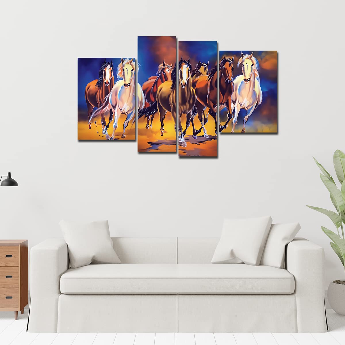 VIBECRAFTS Seven Horses Running 4 Pieces Canvas Wall Painting Fitted With Wooden Frame For Home | Office | Living Room | Gifts (PTVC4Pcs2_14505)