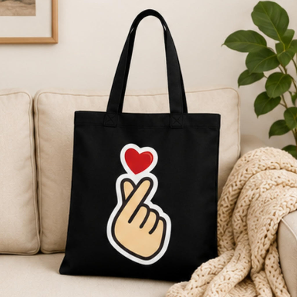 Adorvue New Launch Black Canvas Tote Bag for Women with Korean Finger Heart Art | Premium Cotton Reusable Shopping Shoulder Bag | Cute Kawaii Eco-Friendly Tote for College, Office, Travel & Daily Use