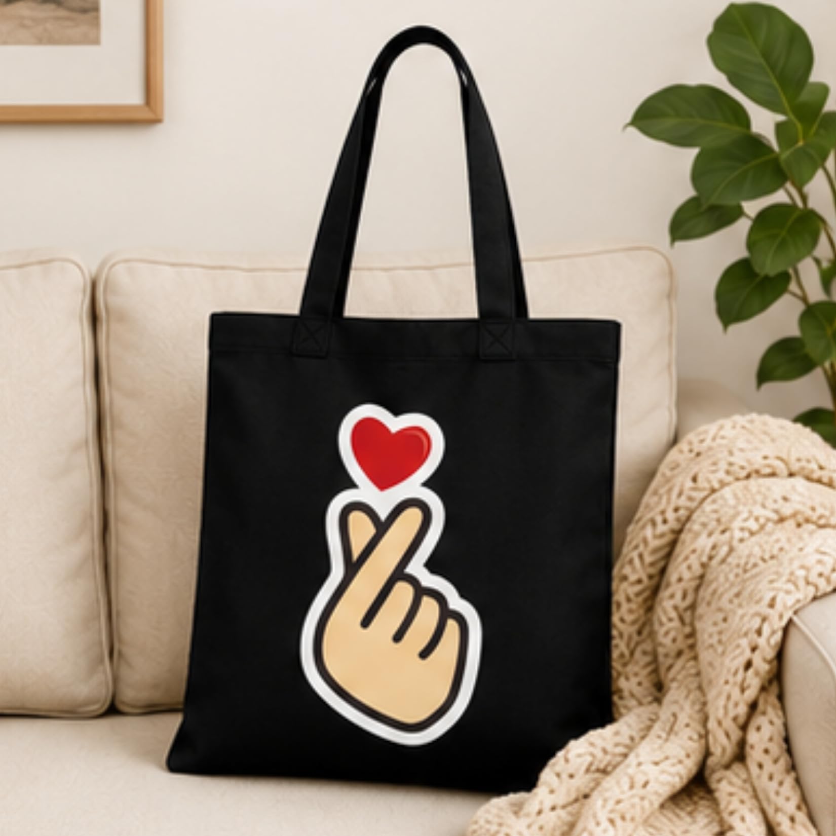 Adorvue New Launch Black Canvas Tote Bag for Women with Korean Finger Heart Art | Premium Cotton Reusable Shopping Shoulder Bag | Cute Kawaii Eco-Friendly Tote for College, Office, Travel & Daily Use