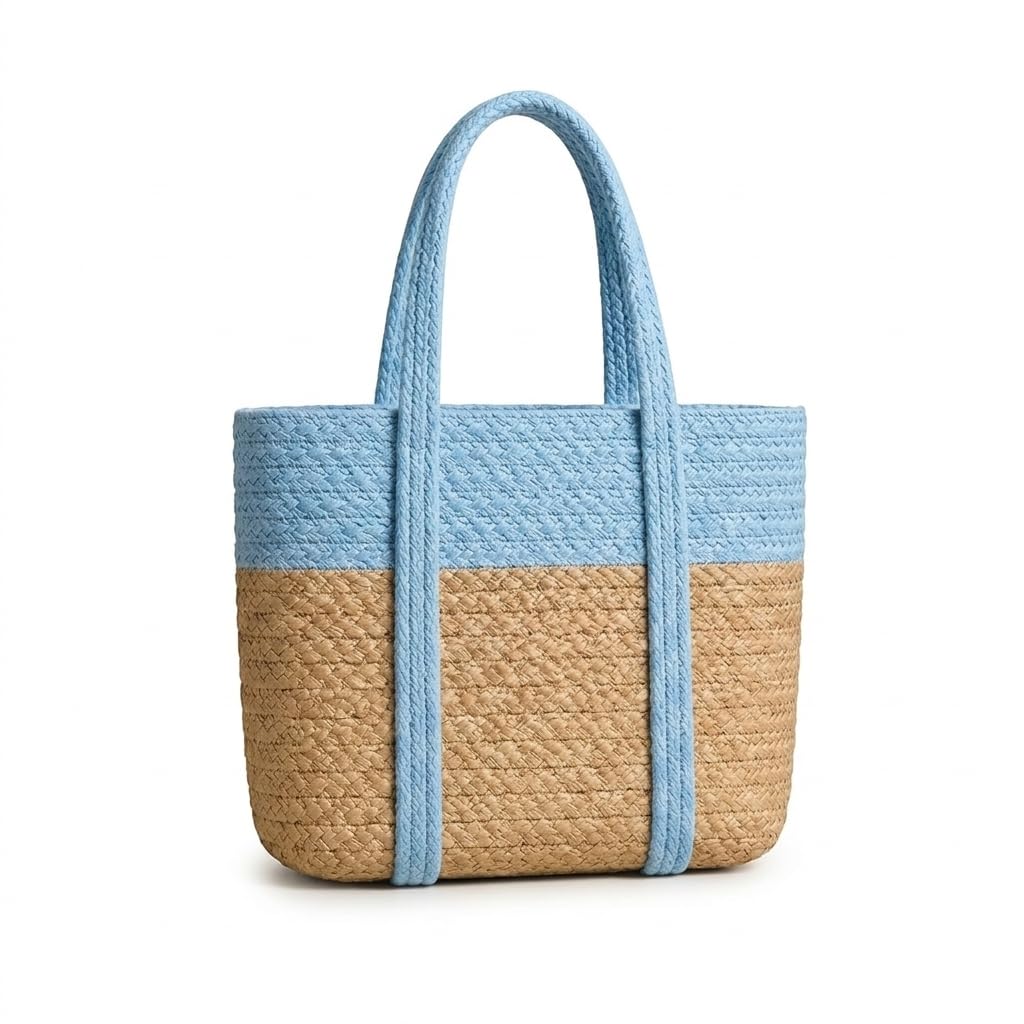 Loom & Luster Handwoven Jute Tote Bag Dual Tone Summer Shoulder Bag | Lightweight Eco-Friendly Handbag for girls and woman (Beige & Blue)