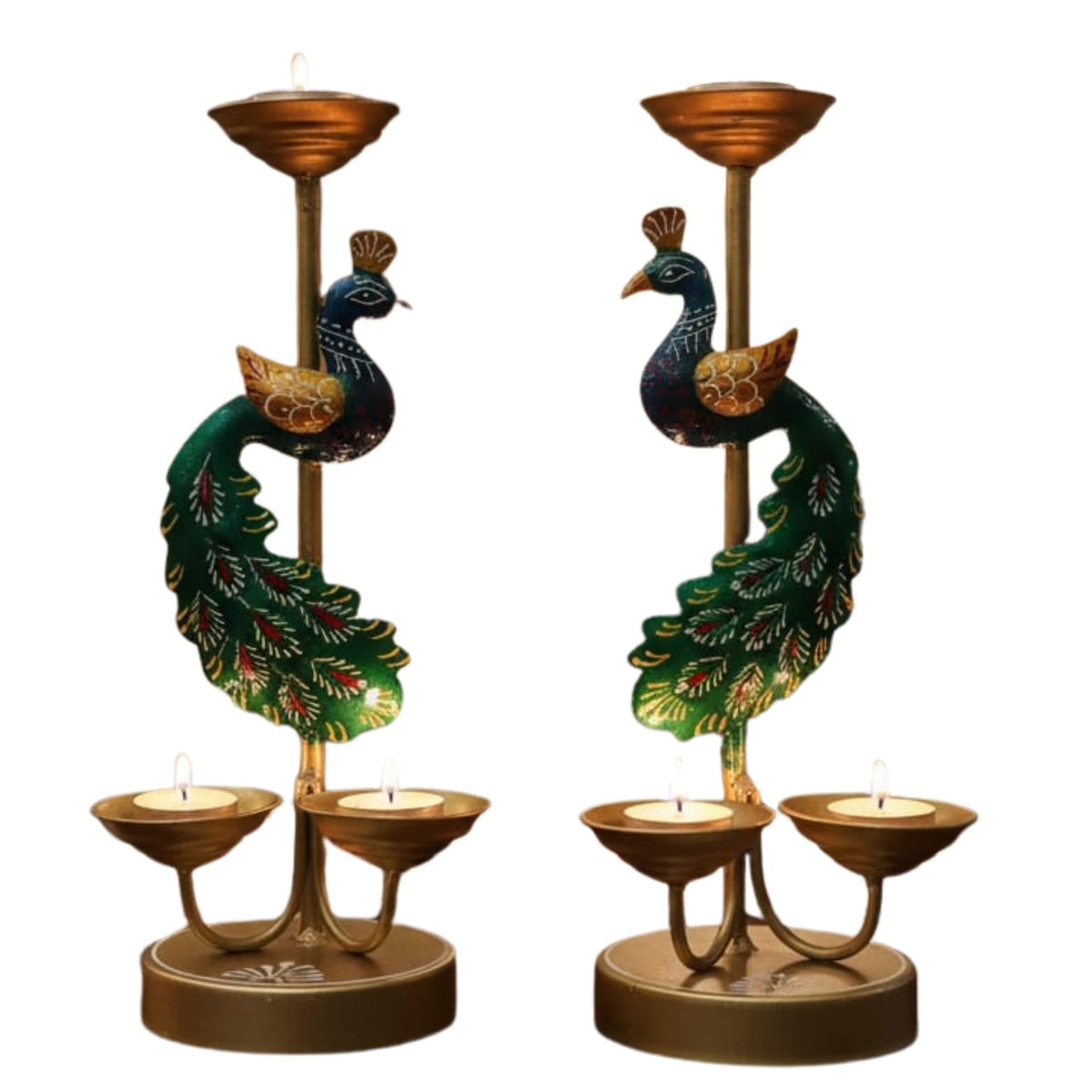 Peacock Candle Holders Set of 2 - Decorative Brass Tea Light Stand with Green & Gold Finish - Home Decor Centerpiece for Living Room, Dining Table, Wedding, Festival - Indian Handicraft