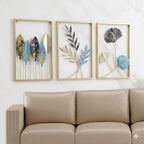Mahira Artefacts Metal Leaf and Floral Wall Art Decor, Set of 3, Gold, Blue and Silver, Triptych Framed Sculptures for Living Room