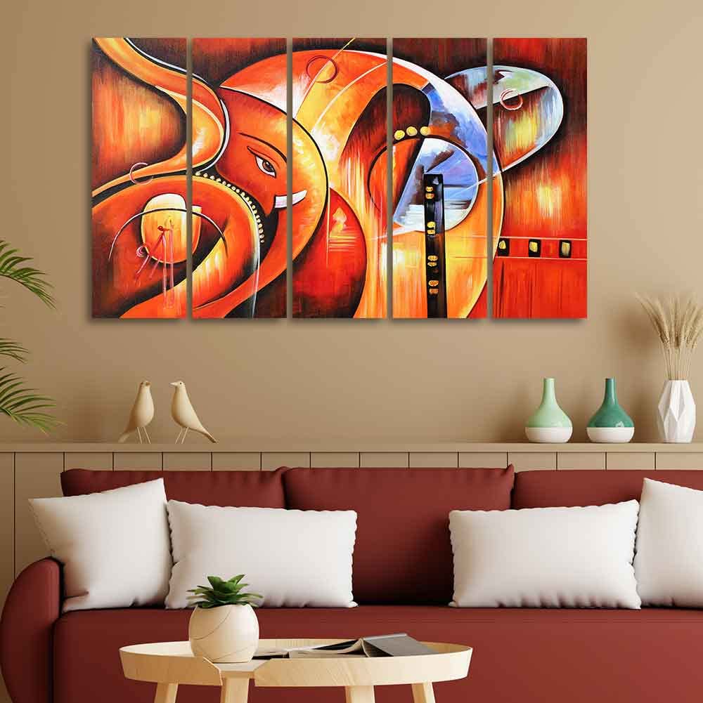 VIBECRAFTS Beautiful Hindu Ganesha 5 Pieces Canvas Wall Painting For Home | Office | Living Room | Gift (PTVC5Pcs4_8532)