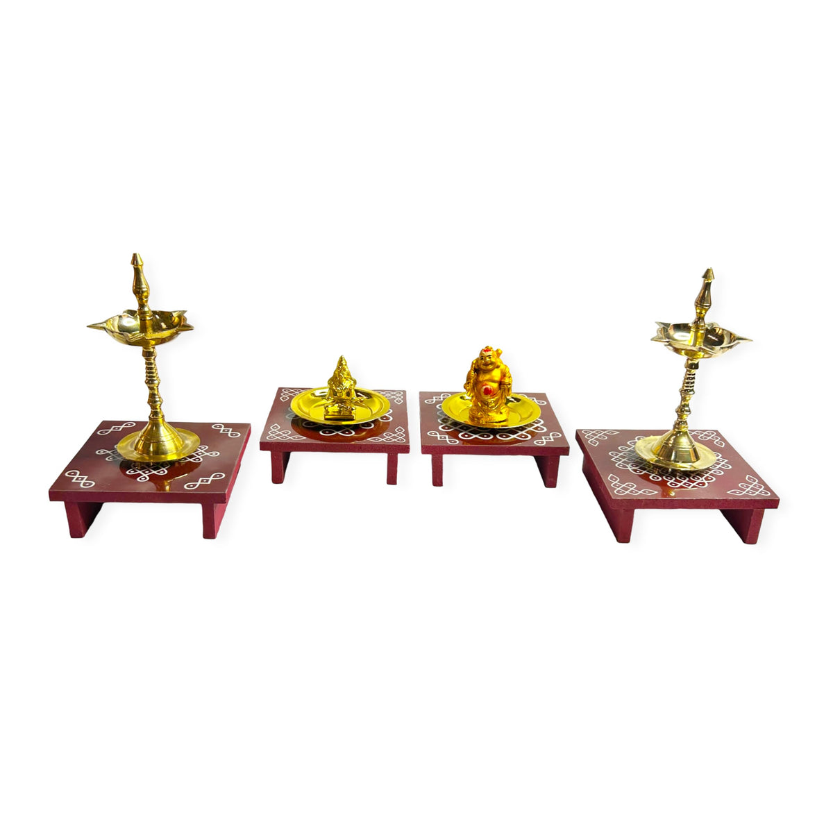 R K Enterprises Puja Chowki | Traditional Chowki with Kolam Design | Wooden Pujja Chowki | Traditional & Durable Decorative for Small Puja Manai Stand at Home | Pack of 4 | Pooja Manai